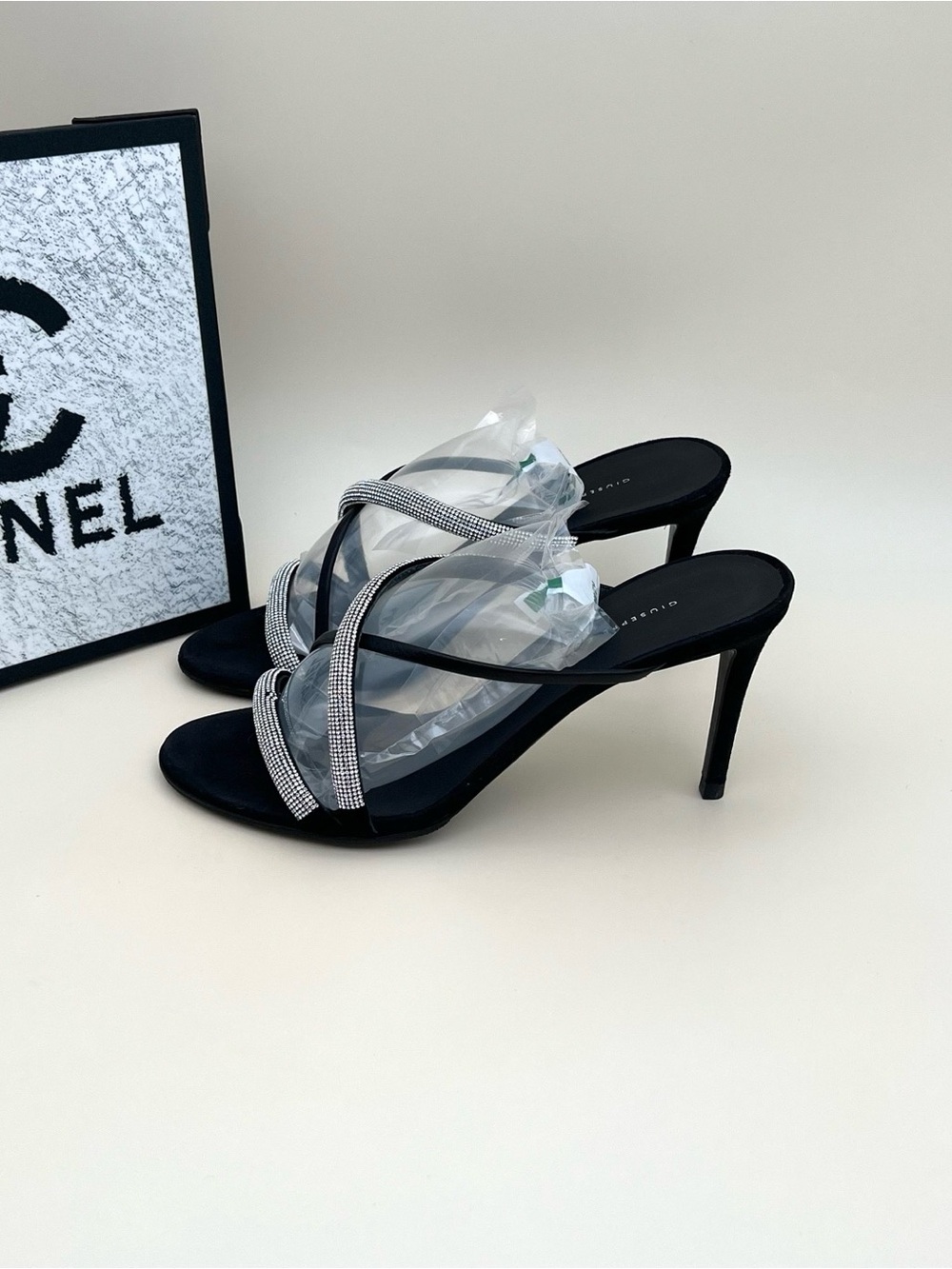 Giuseppe Zanotti Black Rhinestone Crisscross Stiletto Sandals